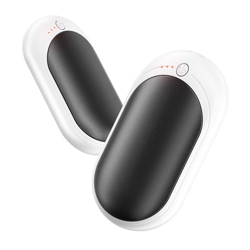 XTao 2-pack rechargeable hand warmer in white and black. For outdoor activities, sports, and indoor. Suitable for everyone and any season. Sustainable and skin-friendly.