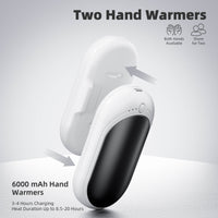 XTao 2-pack 6,000 mAh hand warmer in white and black. 3 hours fast charge with up to 20 hours heat duration. 2-pack for both hands. Comfort & smooth grip design.