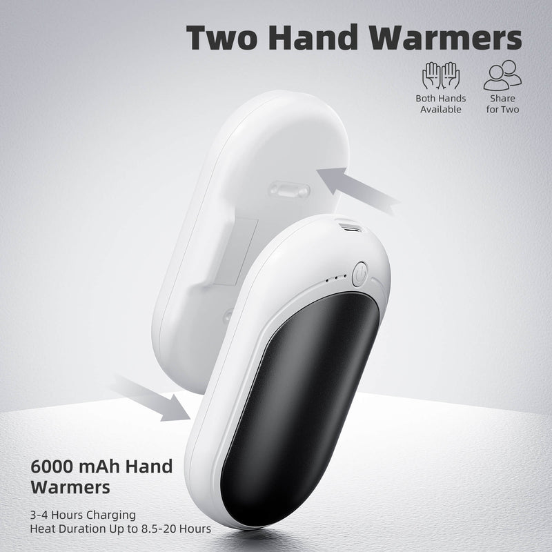 XTao 2-pack rechargeable hand warmer in white and black. For outdoor activities, sports, and indoor. Suitable for everyone and any season. Sustainable and skin-friendly.