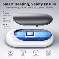 XTao 2-in-1 rechargeable hand warmer in white and black. 3 heat levels from 95 to 131 fahrenheit. No needs to worry overcharge and overheat. Smart heating, safety ensure. UL/CE/FCC certified.