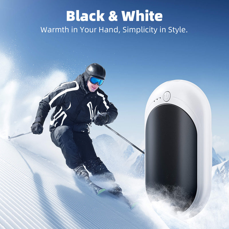 XTao 2-pack rechargeable hand warmer in white and black. For outdoor activities, sports, and indoor. Suitable for everyone and any season. Sustainable and skin-friendly.